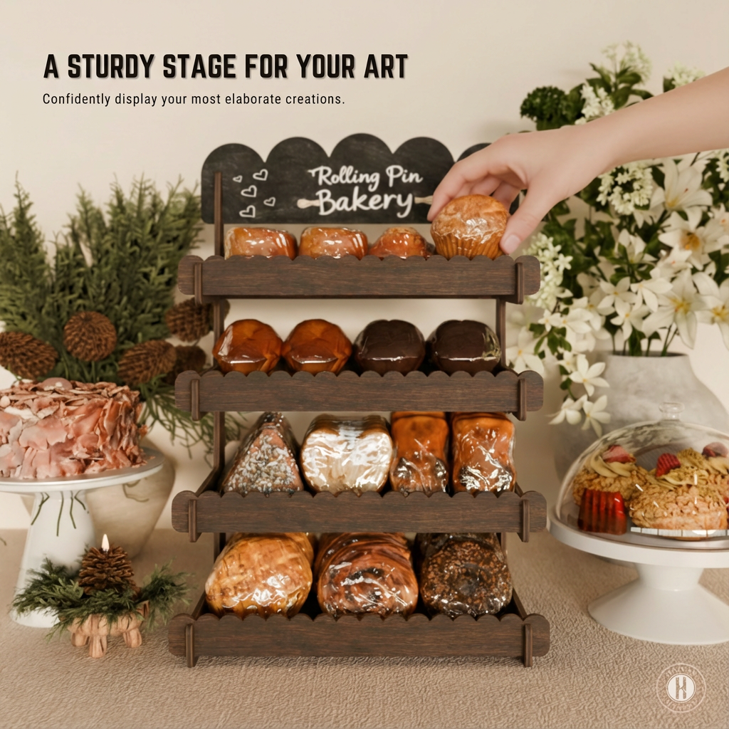 Cookie Display Stand for Bakers & Vendors - Wooden Cookie Stand with Chalkboard Sign for Market Booths, Craft Fairs & Events - Tiered Cookie Display for Cupcakes, Muffins & Pastries 4 Tier (Brown)