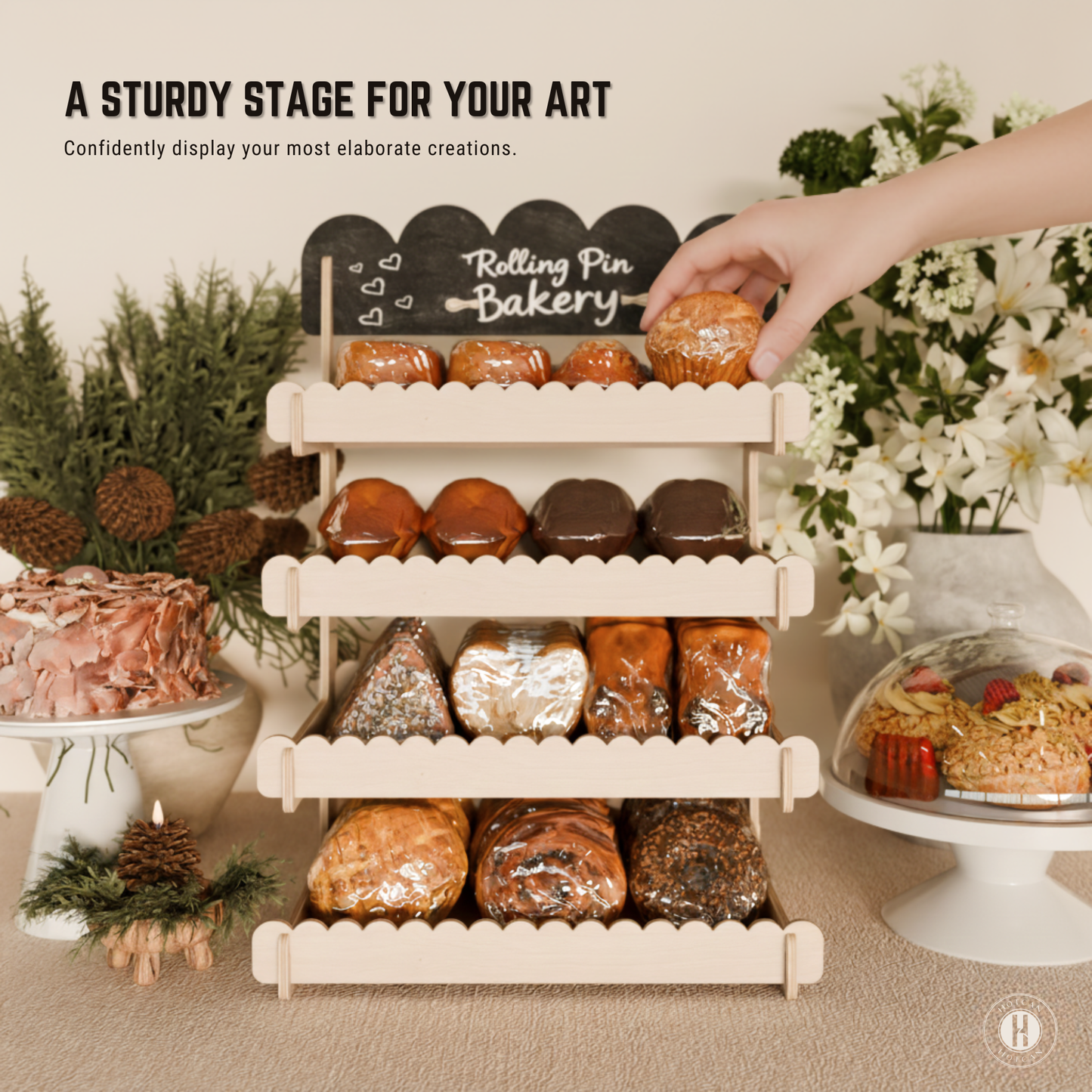 Cookie Display Stand for Bakers & Vendors - Wooden Cookie Stand with Chalkboard Sign for Market Booths, Craft Fairs & Events - Tiered Cookie Display for Cupcakes, Muffins & Pastries 4 Tier (Natural)