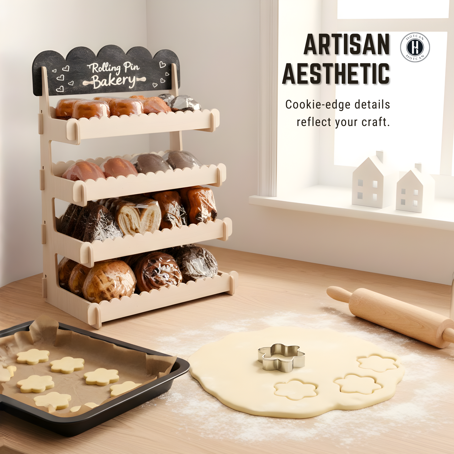 Cookie Display Stand for Bakers & Vendors - Wooden Cookie Stand with Chalkboard Sign for Market Booths, Craft Fairs & Events - Tiered Cookie Display for Cupcakes, Muffins & Pastries 4 Tier (Natural)