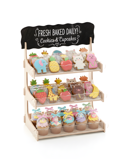 Cookie Display Stand for Bakers & Vendors with Acrylic Front - Wooden Cookie Stand with Chalkboard Sign for Market Booths, Craft Fairs & Events - Tiered Cookie Display for Cupcakes, Muffins & Pastries (Natural)