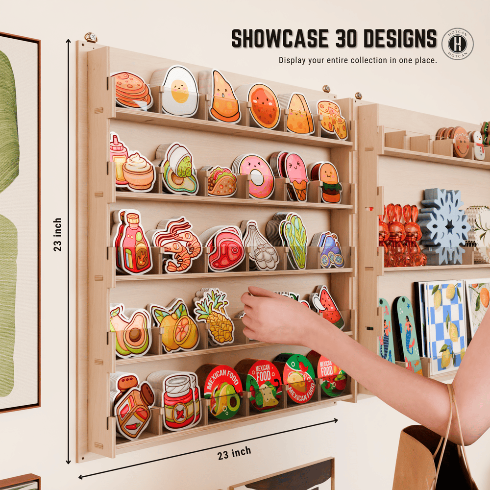 Wall Mount Sticker Display Stand for Vendors, Artists & Shops - Clear Acrylic Sticker Holder for Craft Fairs, Retail & Classroom Sticker Store - Plywood Sticker Organizer (30 Pocket)