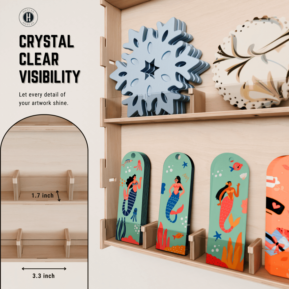 Wall Mount Sticker Display Stand for Vendors, Artists & Shops - Clear Acrylic Sticker Holder for Craft Fairs, Retail & Classroom Sticker Store - Plywood Sticker Organizer (30 Pocket)