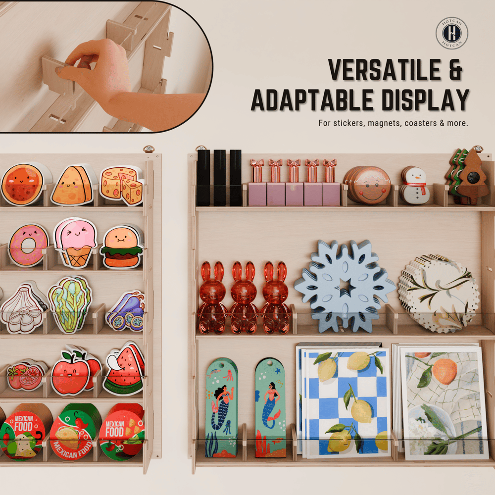 Wall Mount Sticker Display Stand for Vendors, Artists & Shops - Clear Acrylic Sticker Holder for Craft Fairs, Retail & Classroom Sticker Store - Plywood Sticker Organizer (30 Pocket)