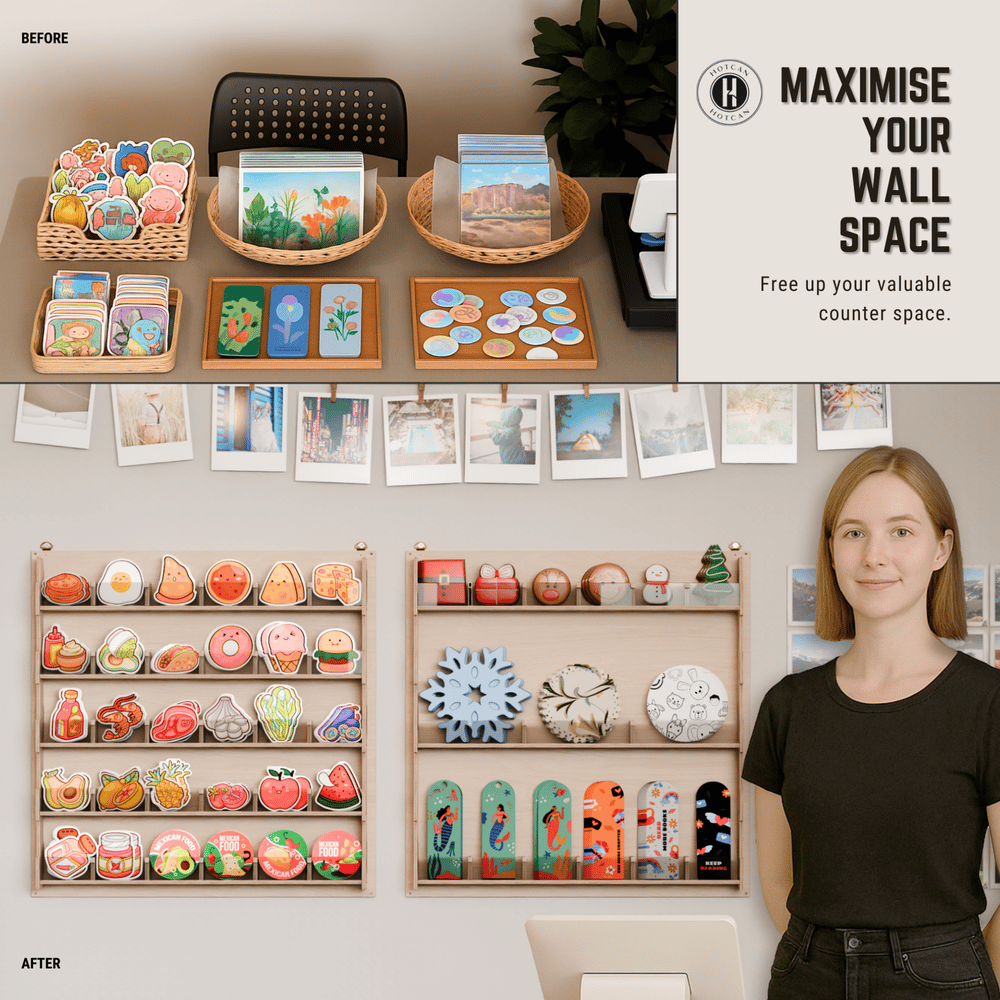 Wall Mount Sticker Display Stand for Vendors, Artists & Shops - Clear Acrylic Sticker Holder for Craft Fairs, Retail & Classroom Sticker Store - Plywood Sticker Organizer (30 Pocket)