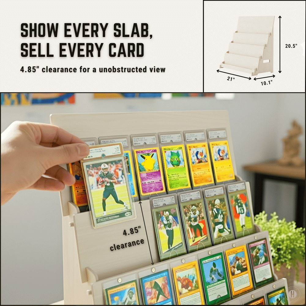 Wood Graded Card Display Stand for Collectors & Flippers - Sleek Tiered Trading Card Display Stand for Shows & Events - Stable On the Go Card Stand for Displaying Sports, TCG & Collectible Card Slabs (24 Cards)