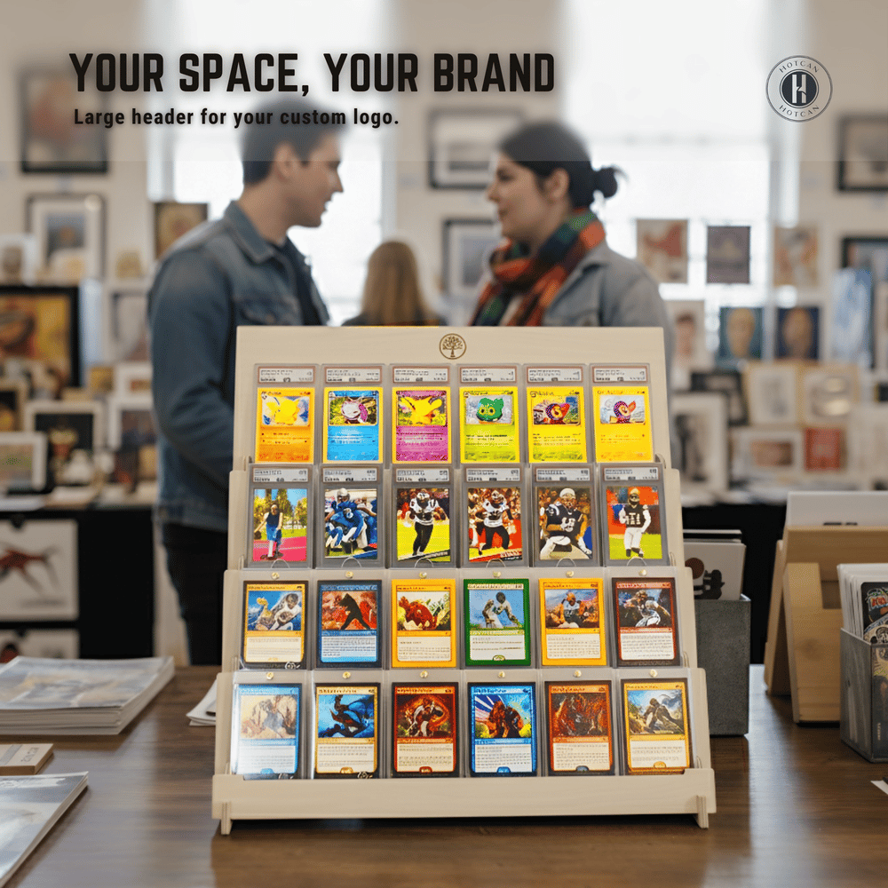 Wood Graded Card Display Stand for Collectors & Flippers - Sleek Tiered Trading Card Display Stand for Shows & Events - Stable On the Go Card Stand for Displaying Sports, TCG & Collectible Card Slabs (24 Cards)