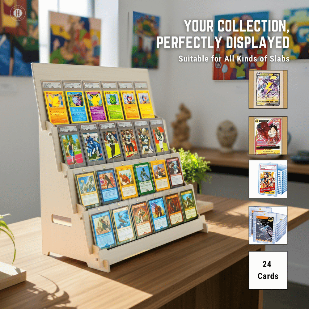 Wood Graded Card Display Stand for Collectors & Flippers - Sleek Tiered Trading Card Display Stand for Shows & Events - Stable On the Go Card Stand for Displaying Sports, TCG & Collectible Card Slabs (24 Cards)