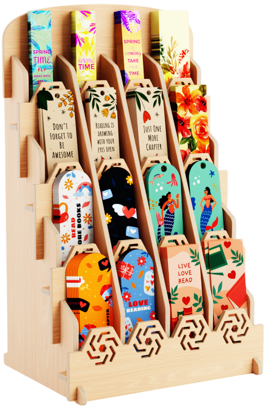 Bookmark Display Stand for Vendors – Wooden Bookmark Holder Display with Customizable Space, Mobile-Friendly Design – Versatile Holder for Craft Fairs, Vendor Booths, and Shops, 16 Pocket