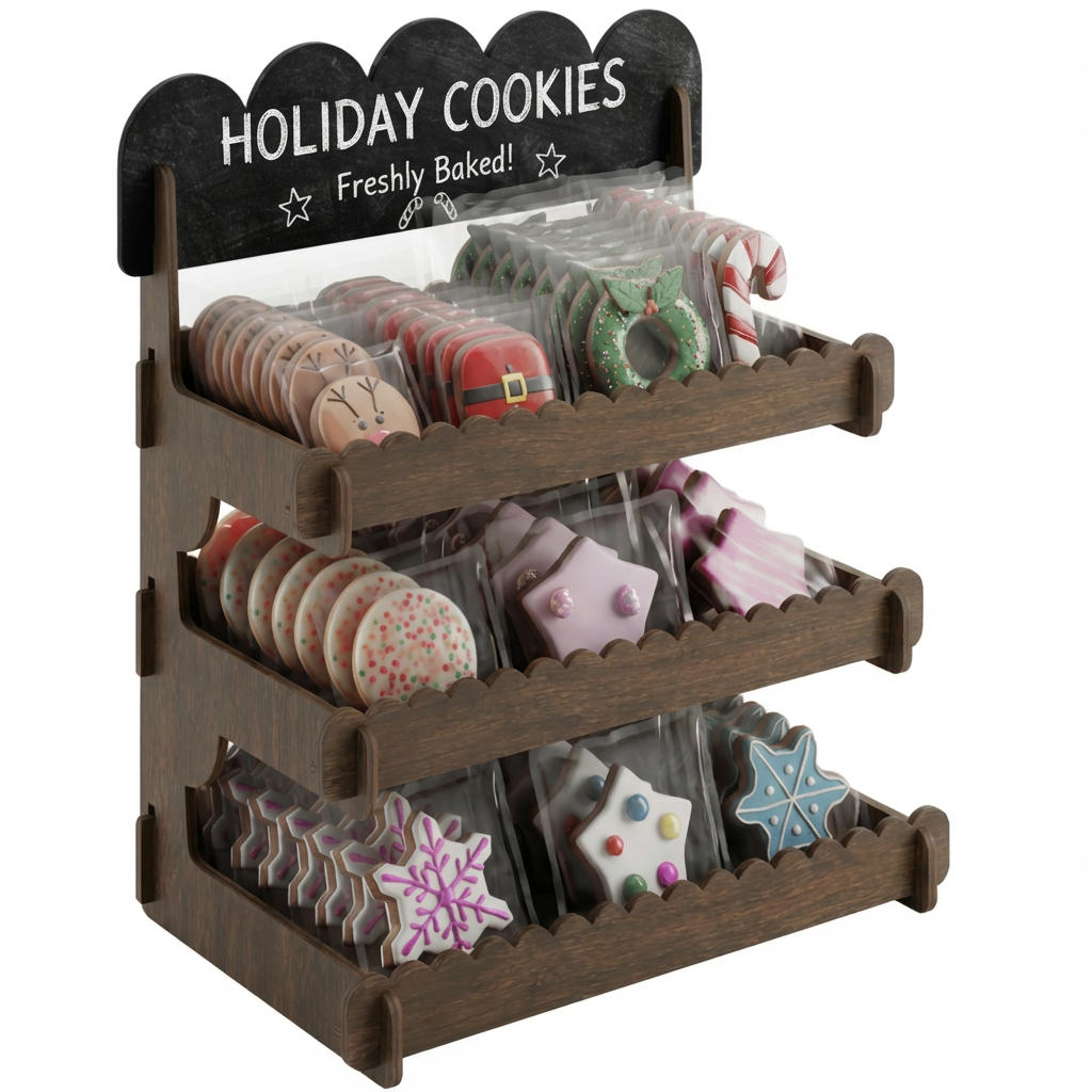 Cookie Display Stand for Bakers & Vendors - Wooden Cookie Stand with Chalkboard Sign for Market Booths, Craft Fairs & Events - Tiered Cookie Display for Cupcakes, Muffins & Pastries (Brown)