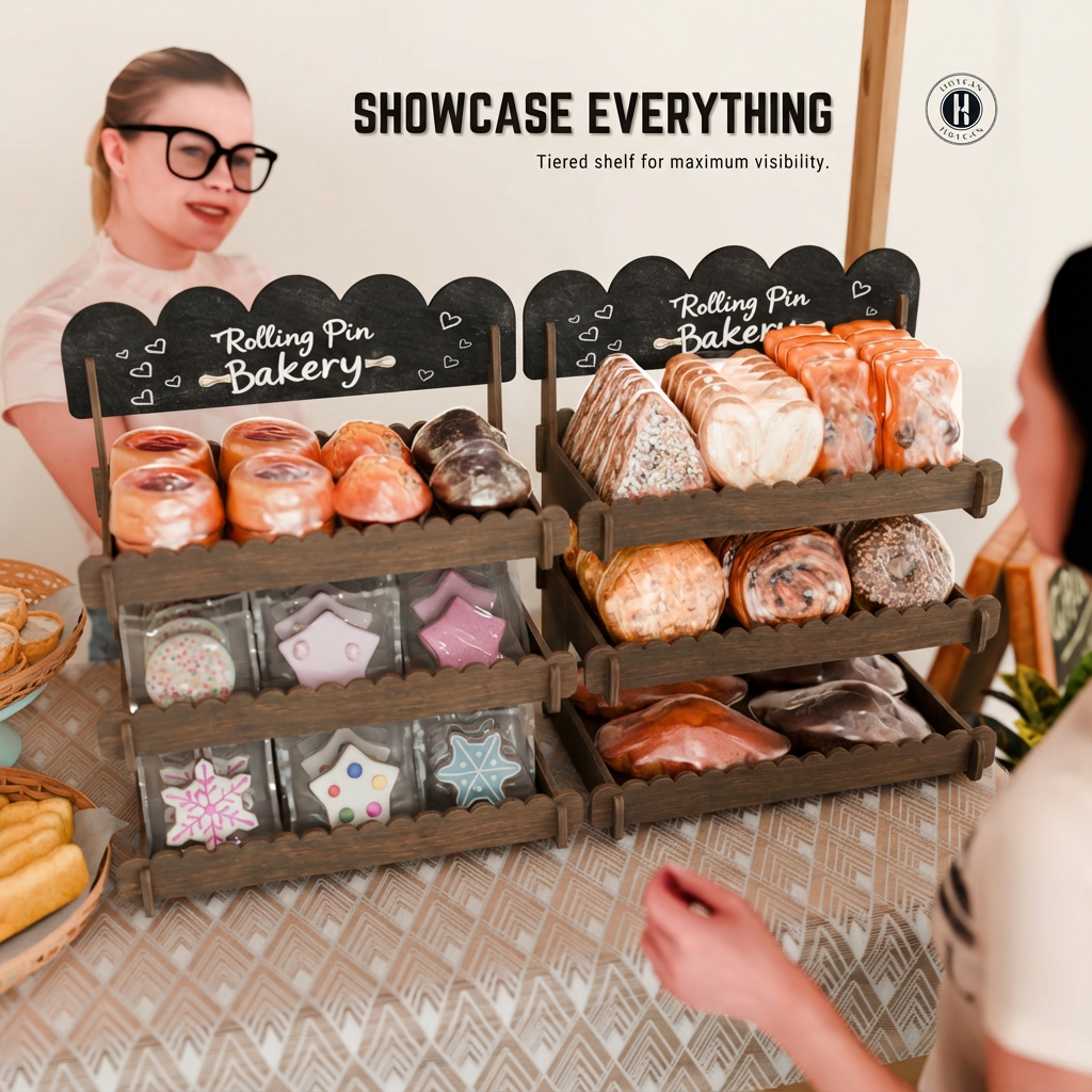 Cookie Display Stand for Bakers & Vendors - Wooden Cookie Stand with Chalkboard Sign for Market Booths, Craft Fairs & Events - Tiered Cookie Display for Cupcakes, Muffins & Pastries (Brown)