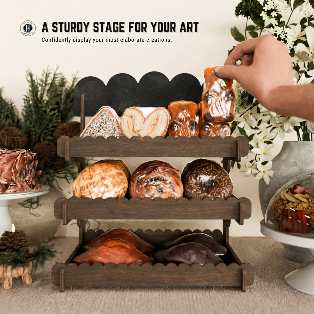 Cookie Display Stand for Bakers & Vendors - Wooden Cookie Stand with Chalkboard Sign for Market Booths, Craft Fairs & Events - Tiered Cookie Display for Cupcakes, Muffins & Pastries (Brown)