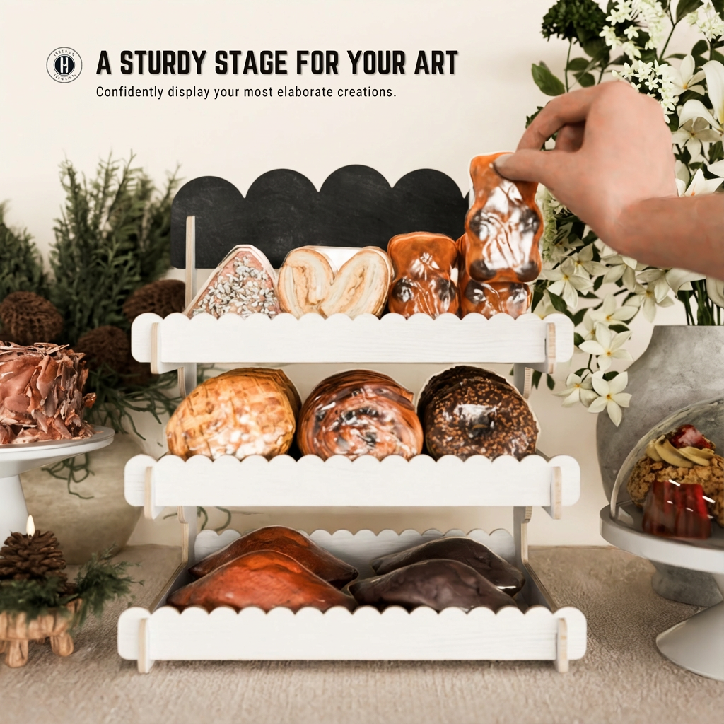 Cookie Display Stand for Bakers & Vendors - Wooden Cookie Stand with Chalkboard Sign for Market Booths, Craft Fairs & Events - Tiered Cookie Display for Cupcakes, Muffins & Pastries (White)