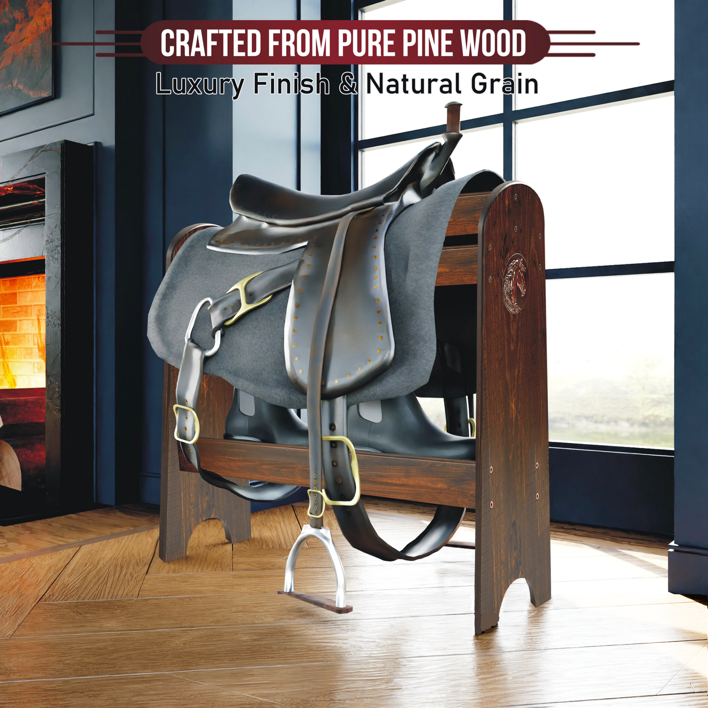 Pine Wood Saddle Rack – Ideal Saddle Stand for Western Saddles and Horse Tack Organizers, Suitable for Displaying Trophy Saddles at Home - Walnut