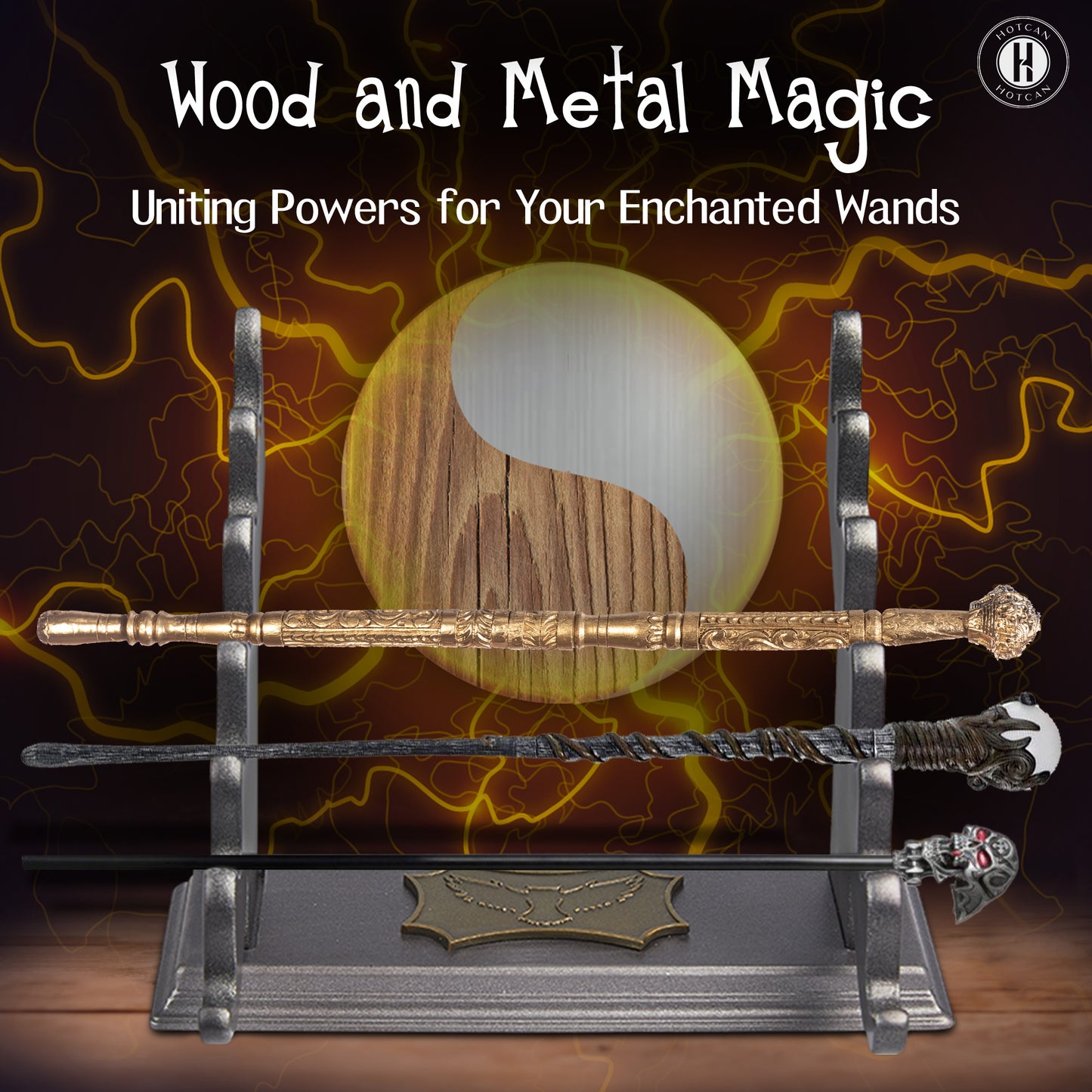 Wooden Magic Wand Holder and Display Stand - Mystical Fusion of Beech Wood and Metal - Owl Emblem Accent (Extra Large)