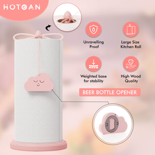 HOTCAN Pink Paper Towel Holder for Countertop, Cute Paper Towel Holder with Beer Bottle Opener, Pink Kitchen Accessories Made of Beech Wood, Pink Home Decor, Windproof Design for Outdoor Use