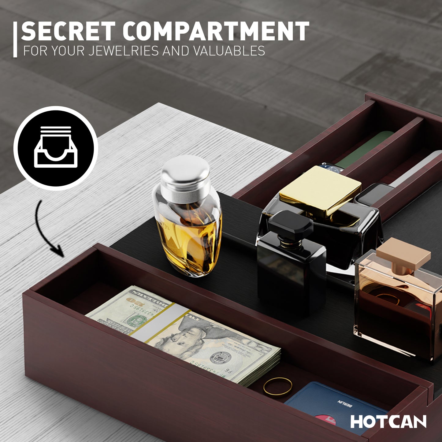 HOTCAN Wooden Cologne Organizer for Men - 3 Tier Display Shelf with Drawer and Hidden Compartment - Perfect for Organizing and Storing Colognes and Accessories - A Great Gift for Men