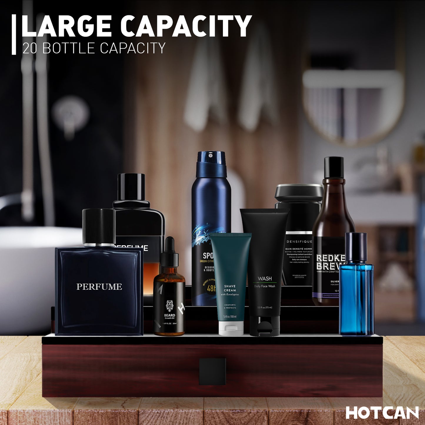 HOTCAN Wooden Cologne Organizer for Men - 3 Tier Display Shelf with Drawer and Hidden Compartment - Perfect for Organizing and Storing Colognes and Accessories - A Great Gift for Men