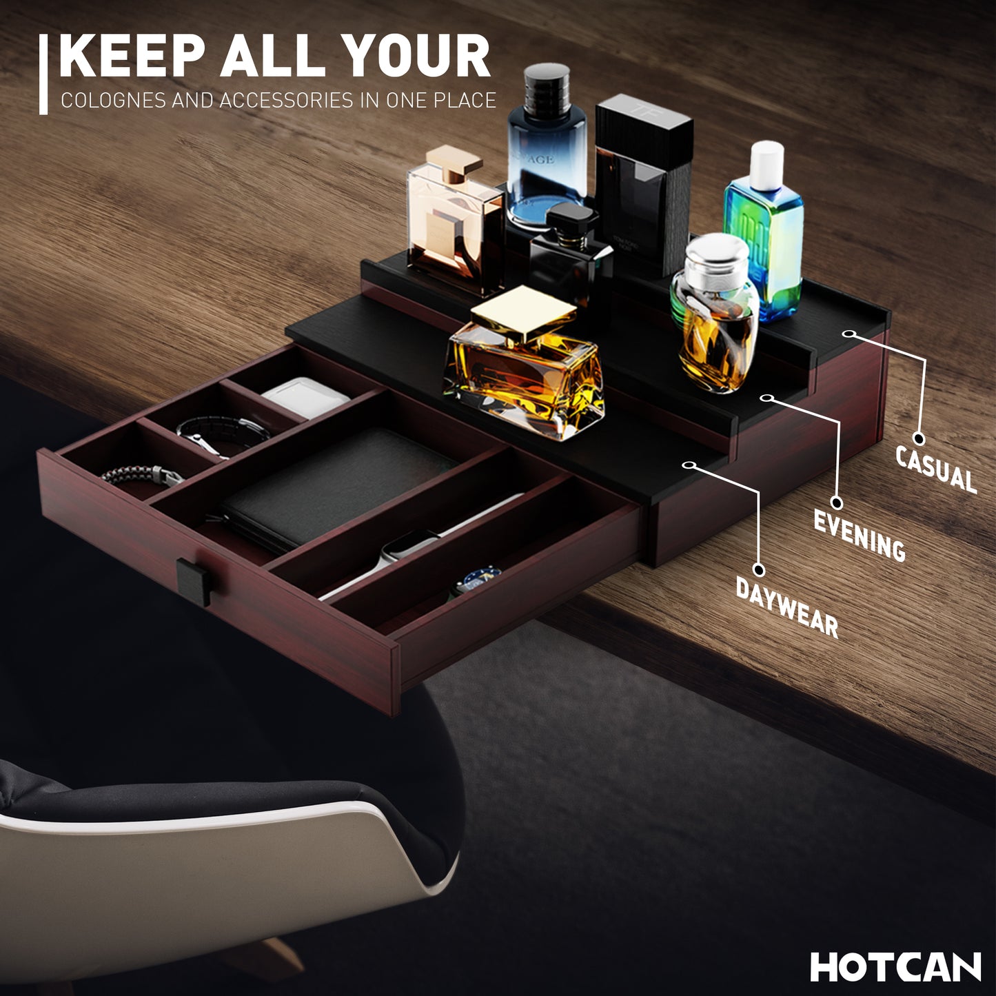 HOTCAN Wooden Cologne Organizer for Men - 3 Tier Display Shelf with Drawer and Hidden Compartment - Perfect for Organizing and Storing Colognes and Accessories - A Great Gift for Men